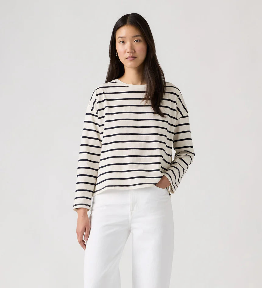 Levi's Women's Julie Slub Long Sleeve Tee - Saint Stripe Egret Navy Blazer - Stencil