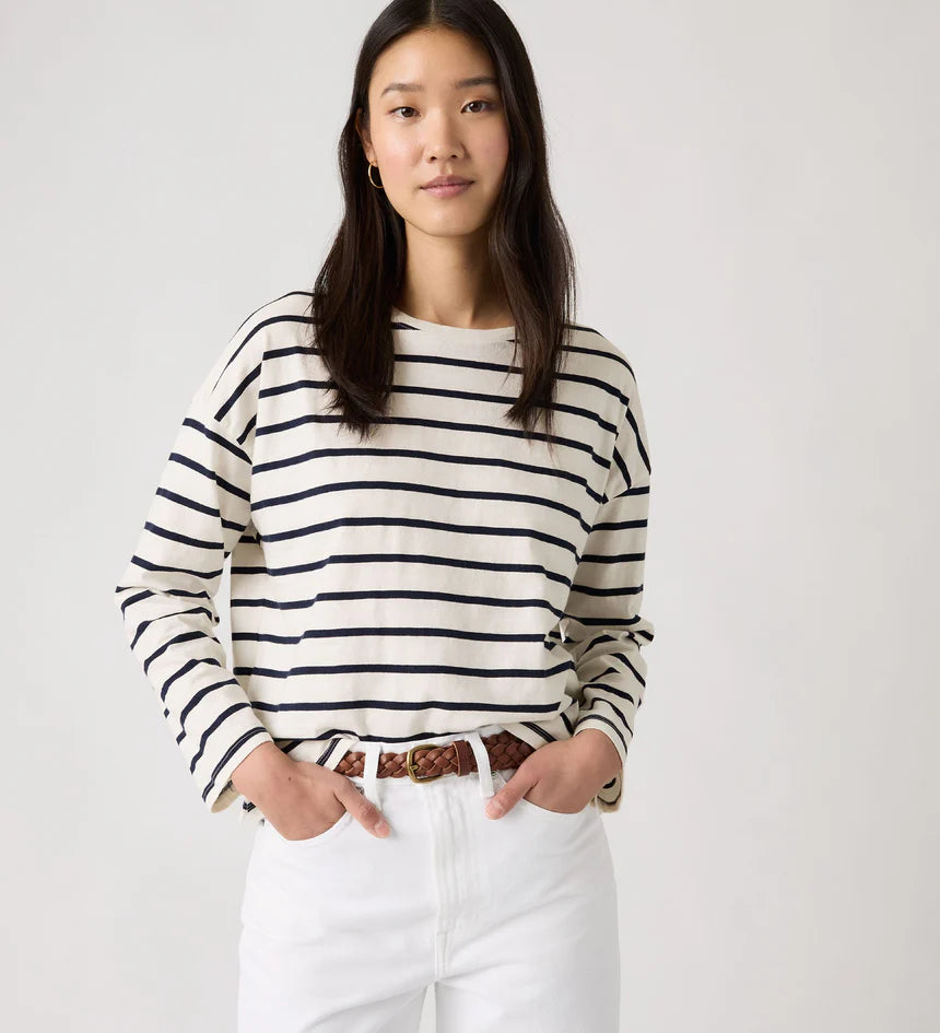 Levi's Women's Julie Slub Long Sleeve Tee - Saint Stripe Egret Navy Blazer - Stencil