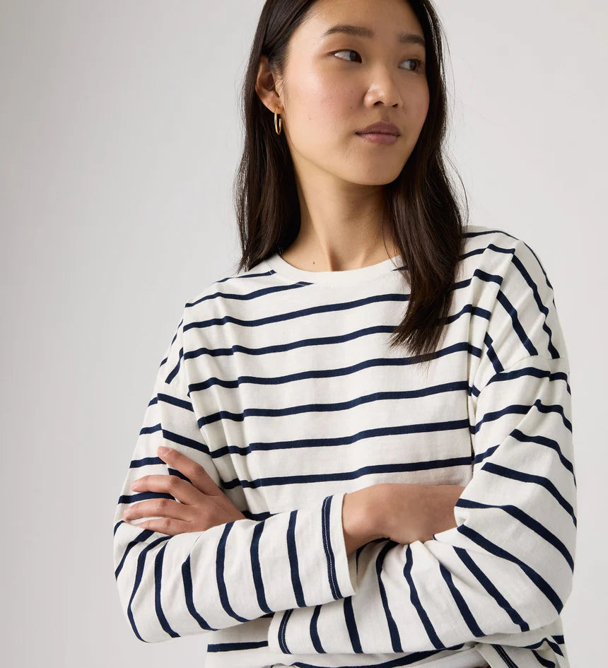 Levi's Women's Julie Slub Long Sleeve Tee - Saint Stripe Egret Navy Blazer - Stencil