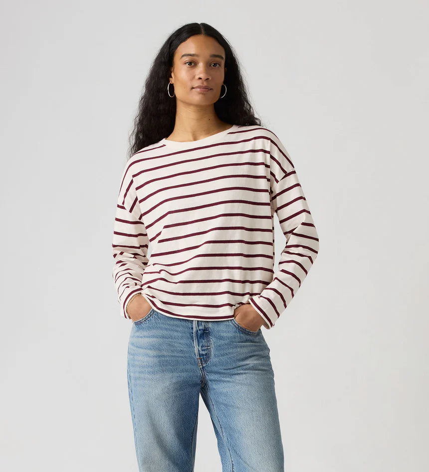 Levi's Women's Julie Slub Long Sleeve Tee - Saint Stripe Egret Tawny Port - Stencil