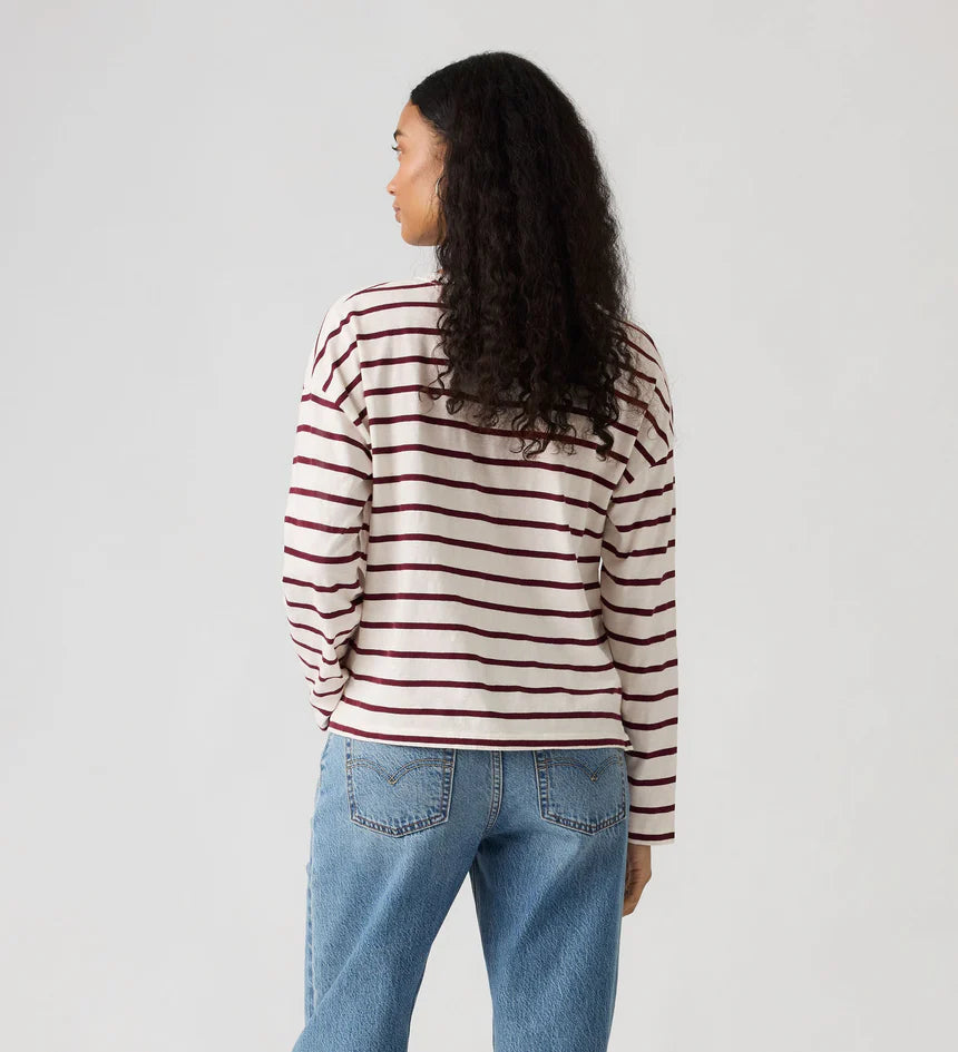 Levi's Women's Julie Slub Long Sleeve Tee - Saint Stripe Egret Tawny Port - Stencil