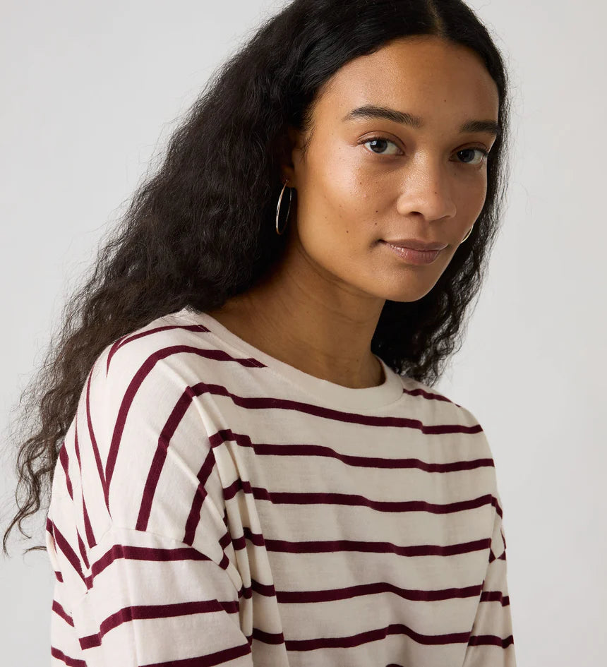 Levi's Women's Julie Slub Long Sleeve Tee - Saint Stripe Egret Tawny Port - Stencil