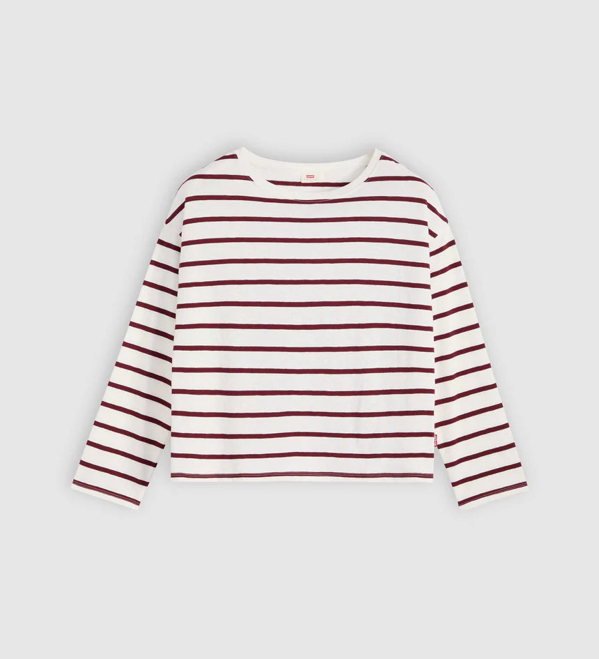 Levi's Women's Julie Slub Long Sleeve Tee - Saint Stripe Egret Tawny Port - Stencil