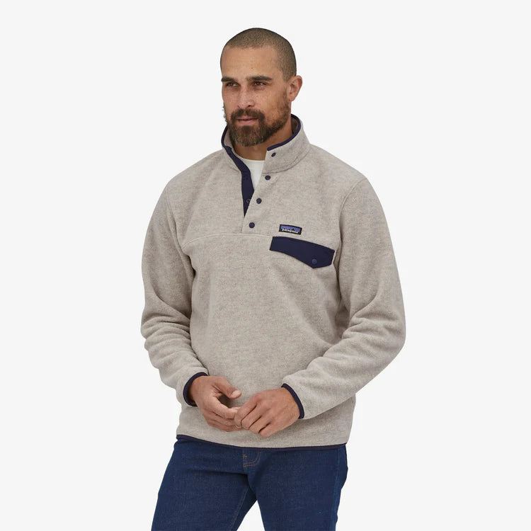 Patagonia Men's Lightweight Synchilla® Snap-T® Fleece Pullover - Oatmeal Heather / Smolder Blue - Stencil