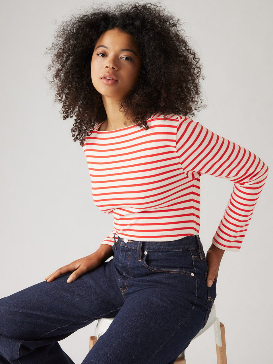 Levi's Women's Bay Sailor LS Tee - Open Water Stripe Flame Scarlet