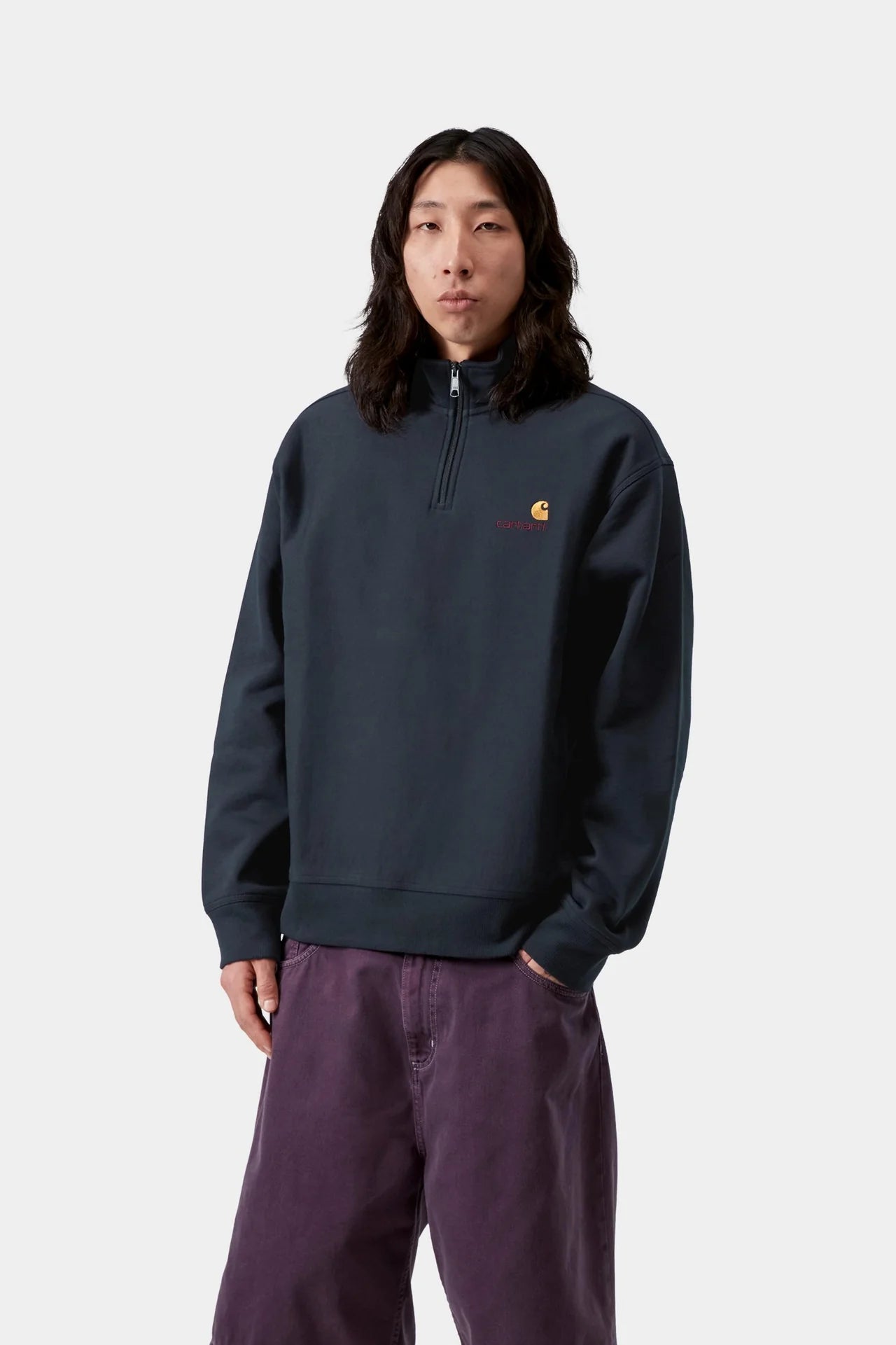 Carhartt Half Zip American Script Sweat - Deep Night - Stencil