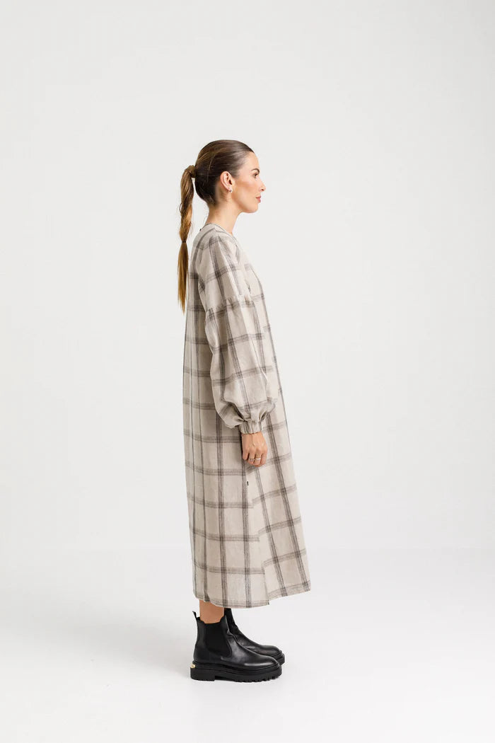 Thing Thing Billowing Dress - Oat Plaid - Stencil