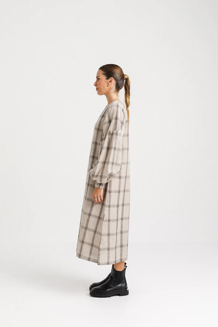 Thing Thing Billowing Dress - Oat Plaid - Stencil