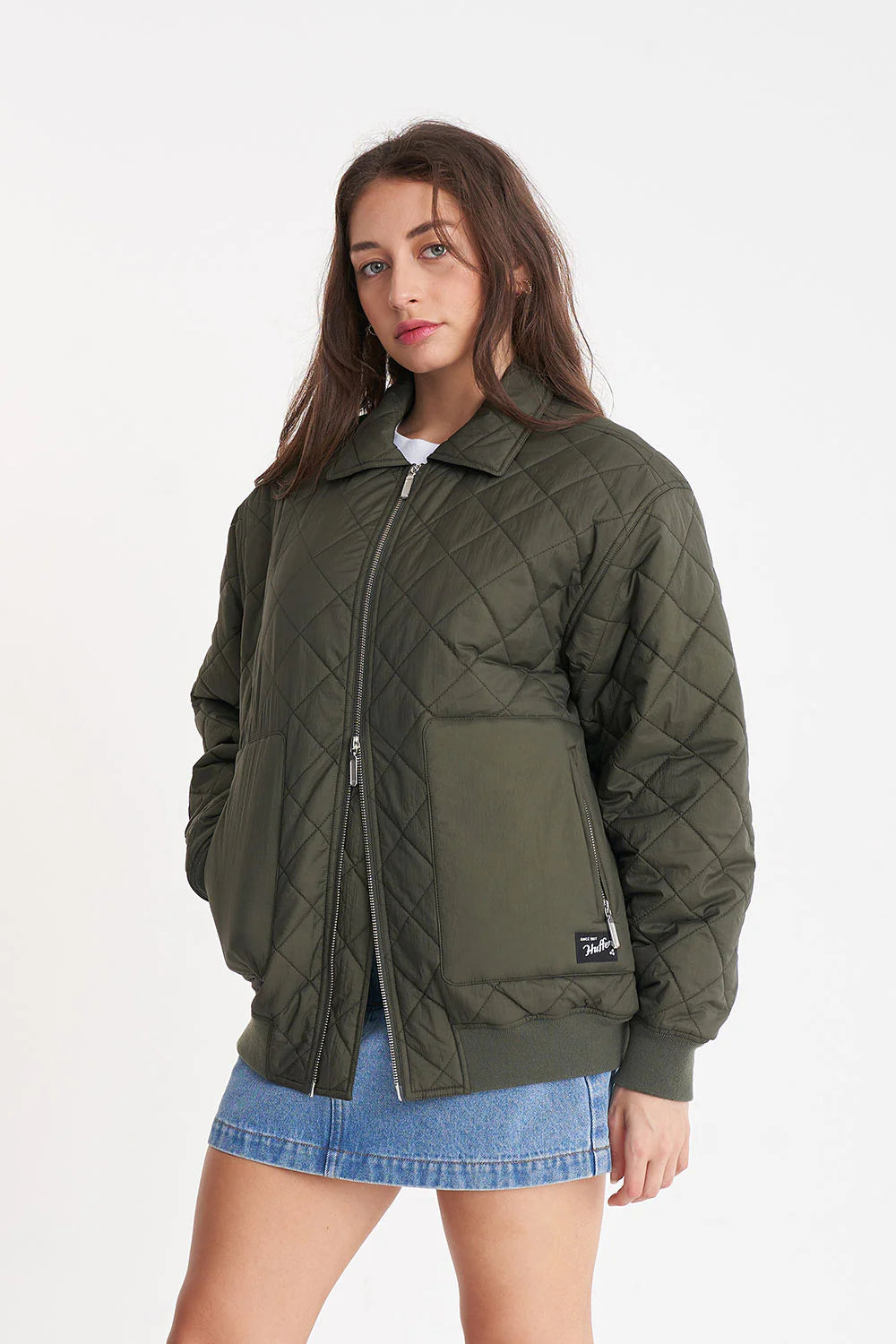 Huffer Quilted Longline Bomber Jacket - Cypress - Stencil