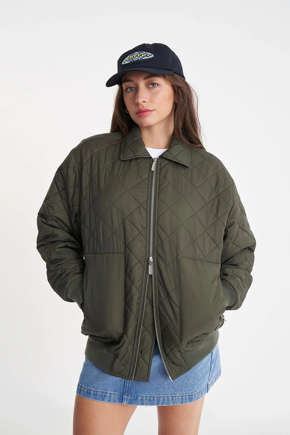 Huffer Quilted Longline Bomber Jacket - Cypress - Stencil