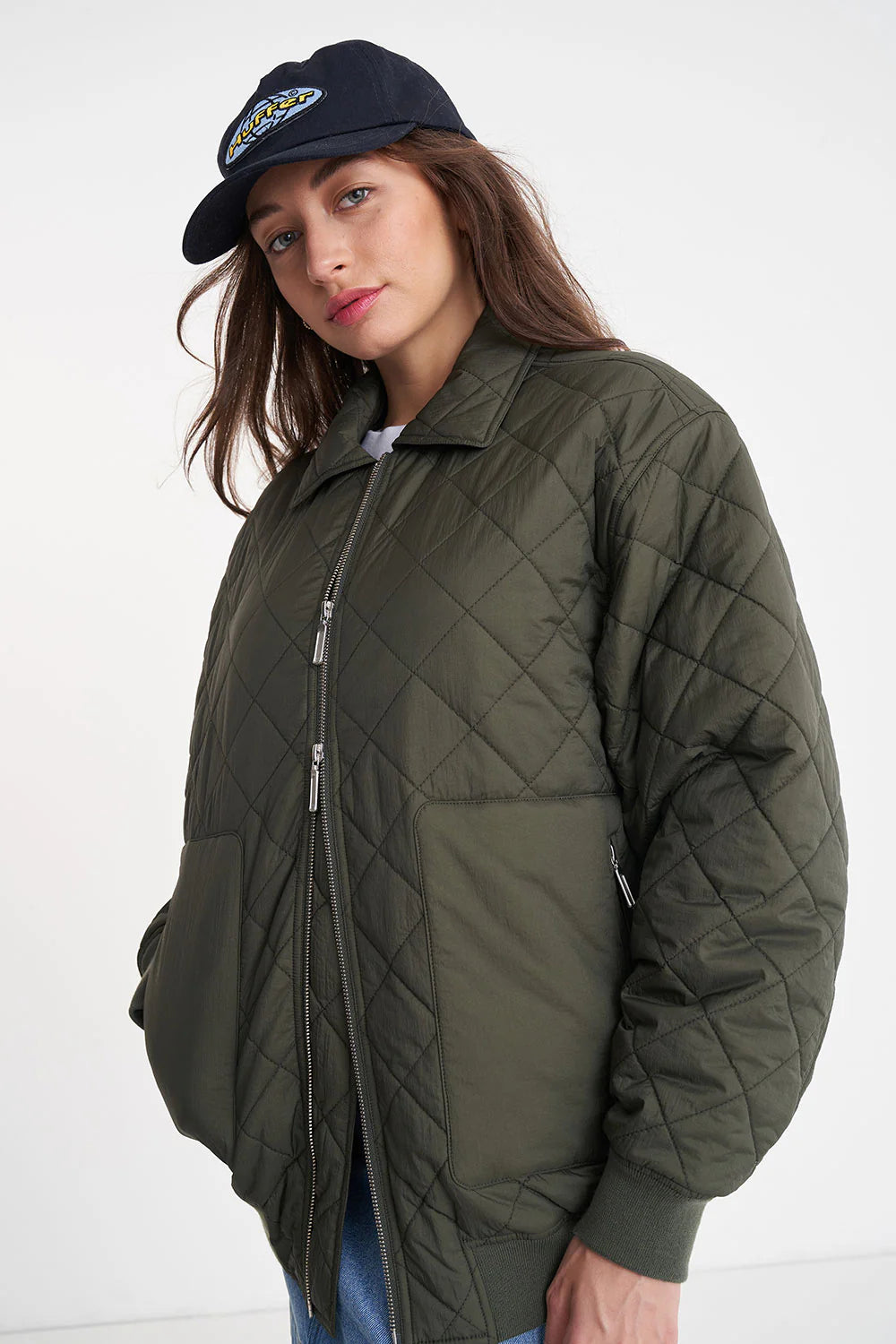 Huffer Quilted Longline Bomber Jacket - Cypress - Stencil