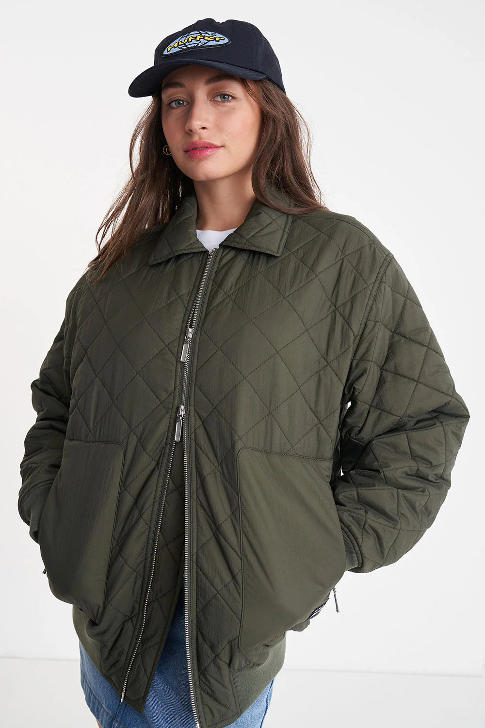 Huffer Quilted Longline Bomber Jacket - Cypress - Stencil