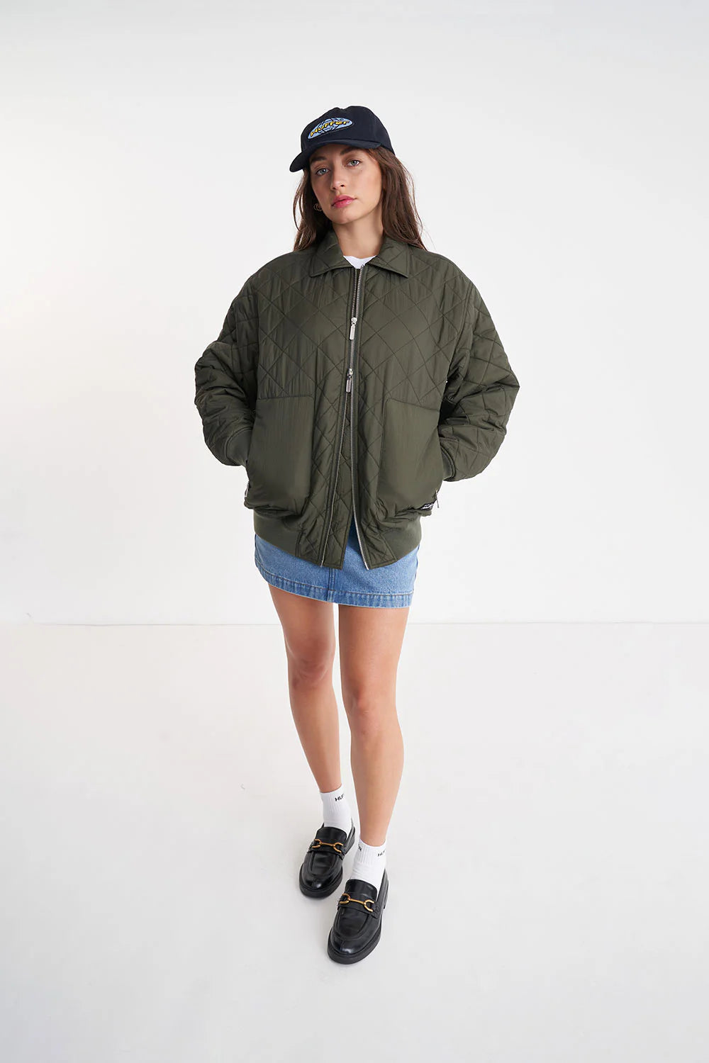 Huffer Quilted Longline Bomber Jacket - Cypress - Stencil