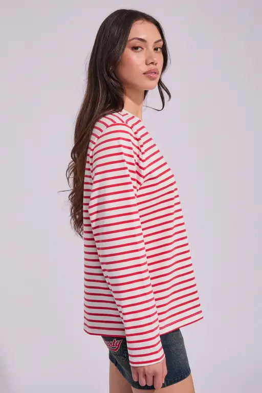 Huffer Womens Oui Oui LS Relax Tee - Chalk/Red