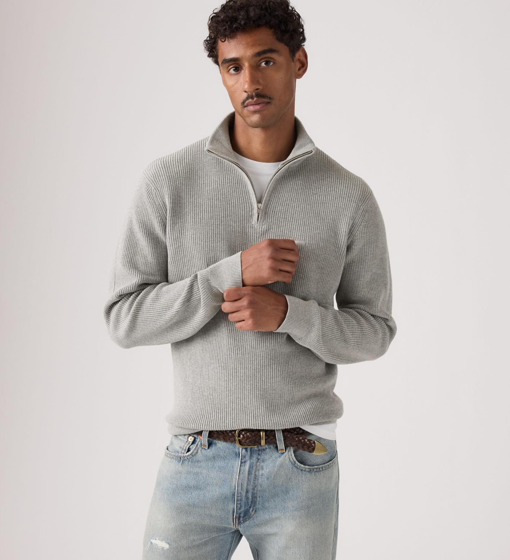 Levis Housemark Quarter Zip Sweater - Mid Tone Grey Heather - Stencil