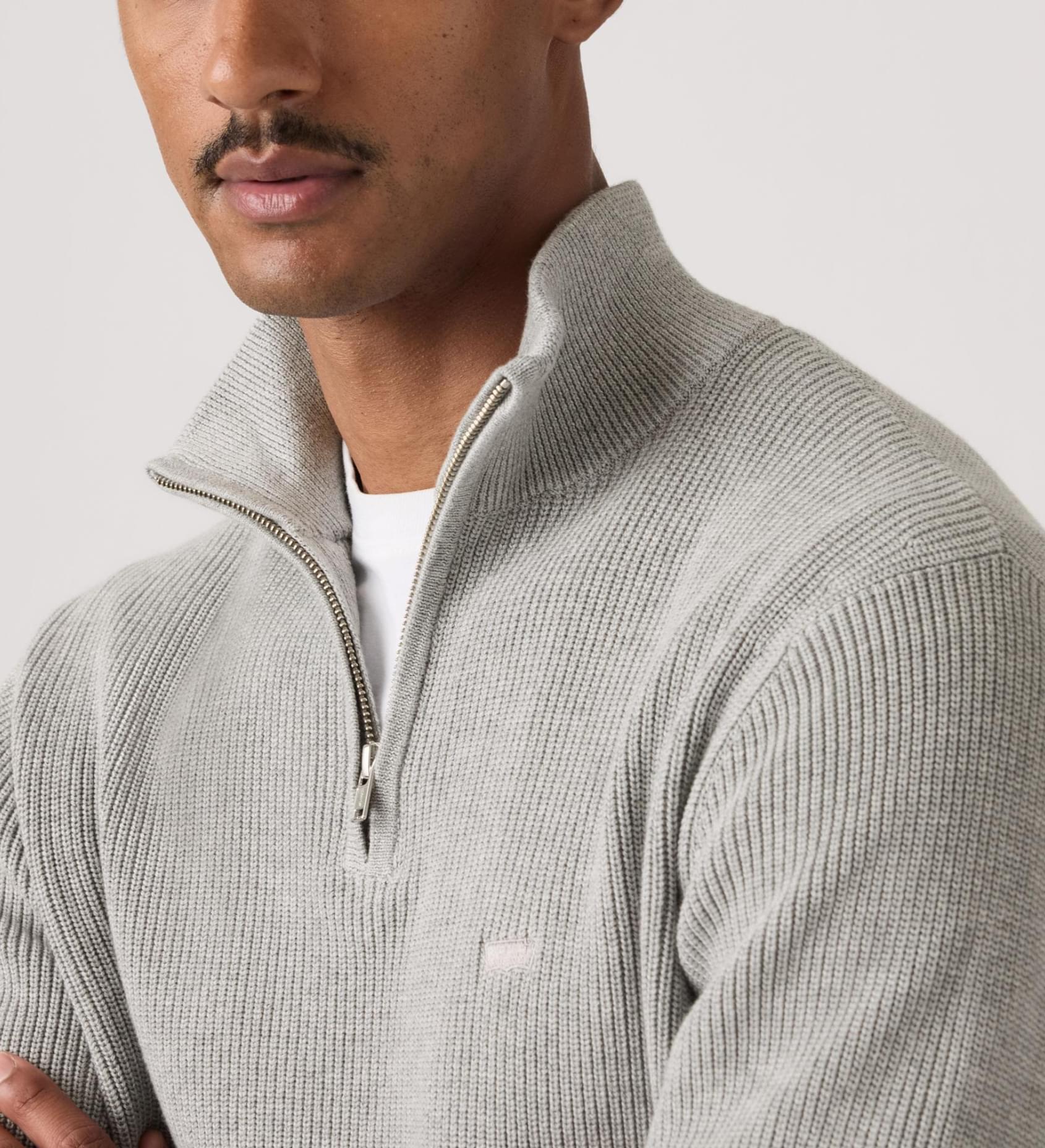 Levis Housemark Quarter Zip Sweater - Mid Tone Grey Heather - Stencil