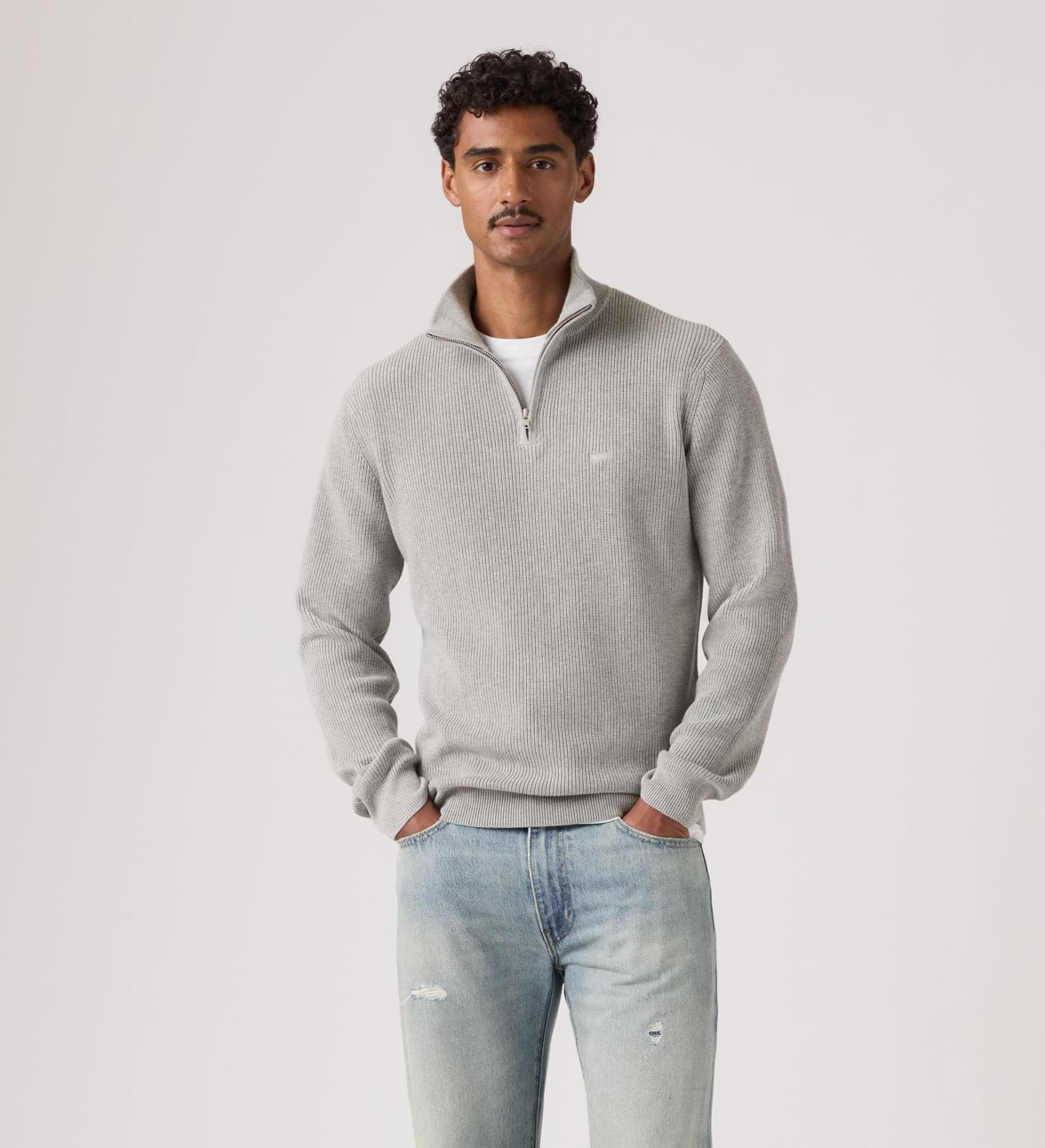 Levis Housemark Quarter Zip Sweater - Mid Tone Grey Heather - Stencil