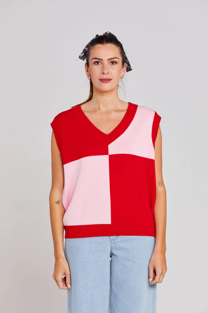 Thing Thing Divide Check Vest - Pink Tomato