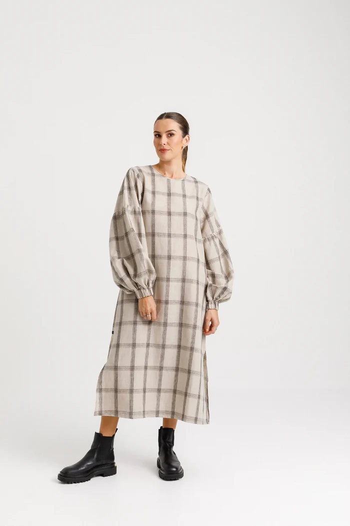 Thing Thing Billowing Dress - Oat Plaid - Stencil