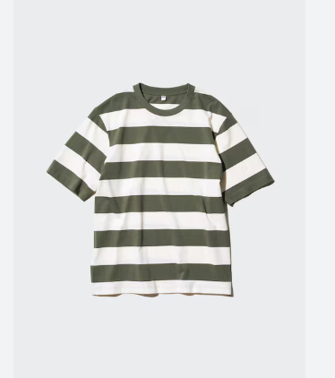 Uniqlo Oversized Striped Crew Neck Half Sleeve T-Shirt - 57 Olive