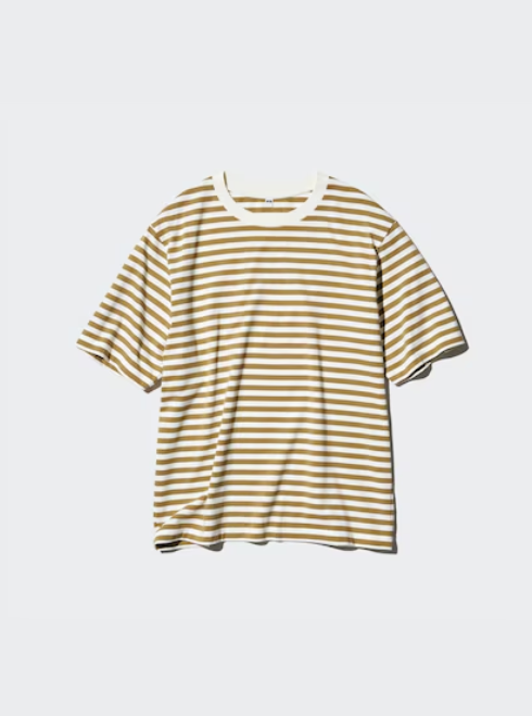 Uniqlo Oversized Striped Crew Neck Half Sleeve T-Shirt - 32 Beige