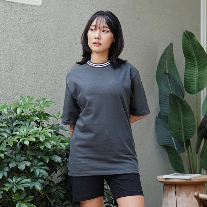 ODS Stripe Neck Tee - Dark Grey/White