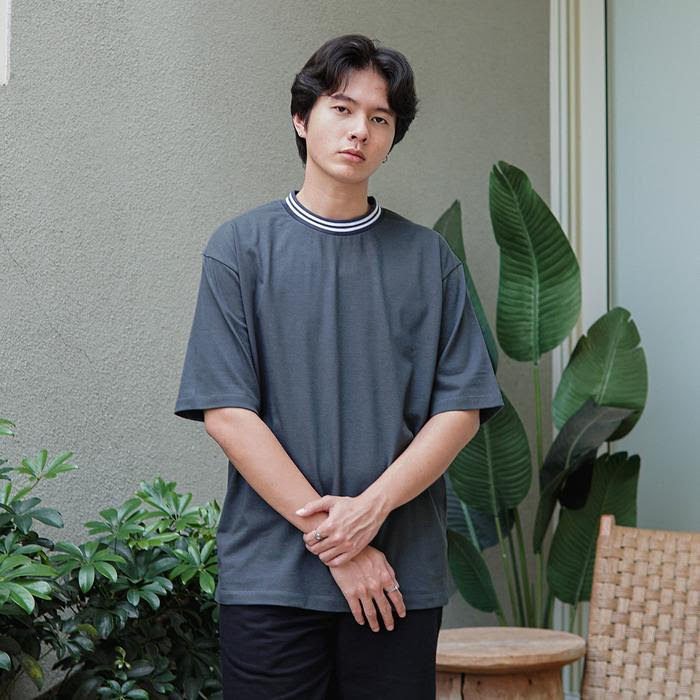 ODS Stripe Neck Tee - Dark Grey/White