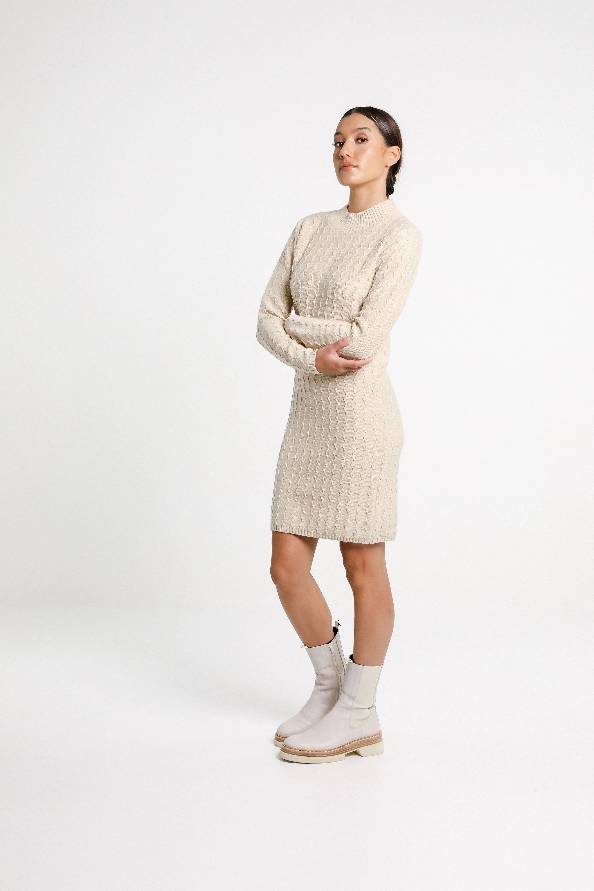Thing Thing ZigZag Turtle Neck Dress - Latte - Stencil